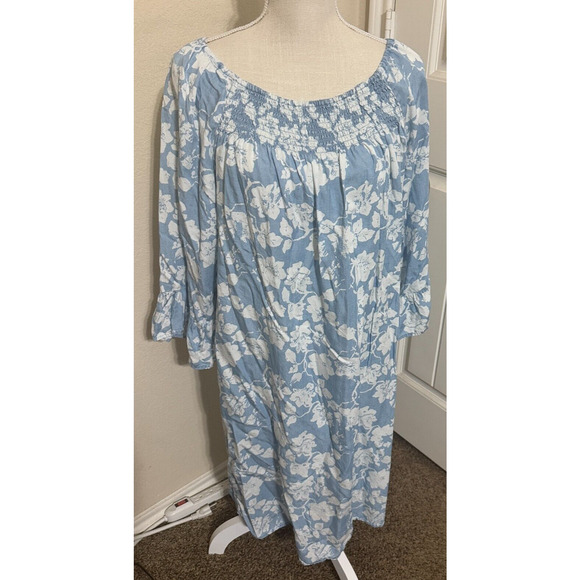 New Directions Womens Blue Floral Smocked Dress Ruffled Peasant sz L lyocell - Picture 1 of 8